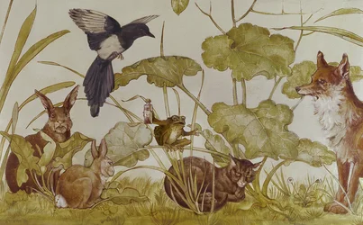 Papier peint dans le salon représentant les fables d